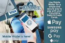 Person holding a phone with online Columbine Federal Credit Union logo on screen with text that reads 