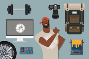 cartoon man with a hat, television, tire wheel, weights, paint and hiking gear