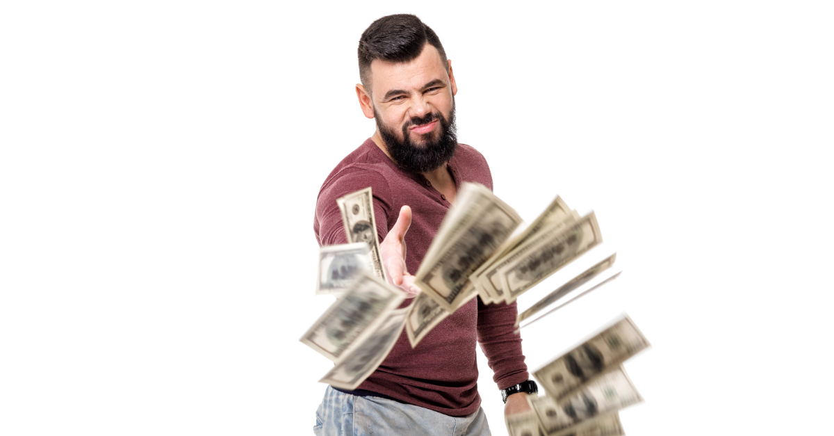 bearded man throwing money toward screen