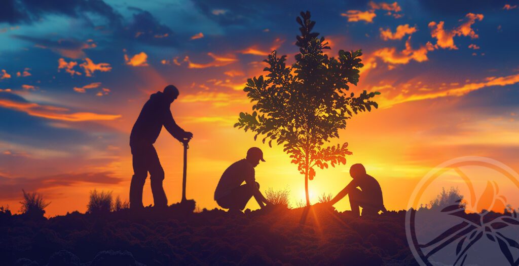 Silhouette of people planting trees