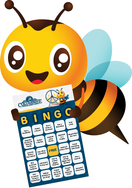Graphic of bee holding bingo card