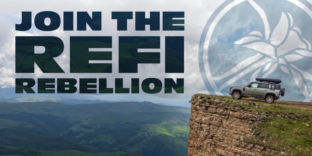 Jeep sitting on the precipice of cliff with heading "Join the Refit Rebellion"
