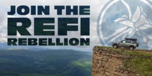 Jeep sitting on the precipice of cliff with heading "Join the Refit Rebellion"