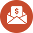 Red circular icon with a white envelope holding a paper featuring a dollar sign. The image suggests financial communication or payment notification.