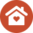 Icon depicting a white house with a heart inside, centered on a red circular background. The image conveys themes of home and love.
