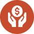 Icon with two white hands cupping a dollar coin on an orange circle background, symbolizing financial care and support.