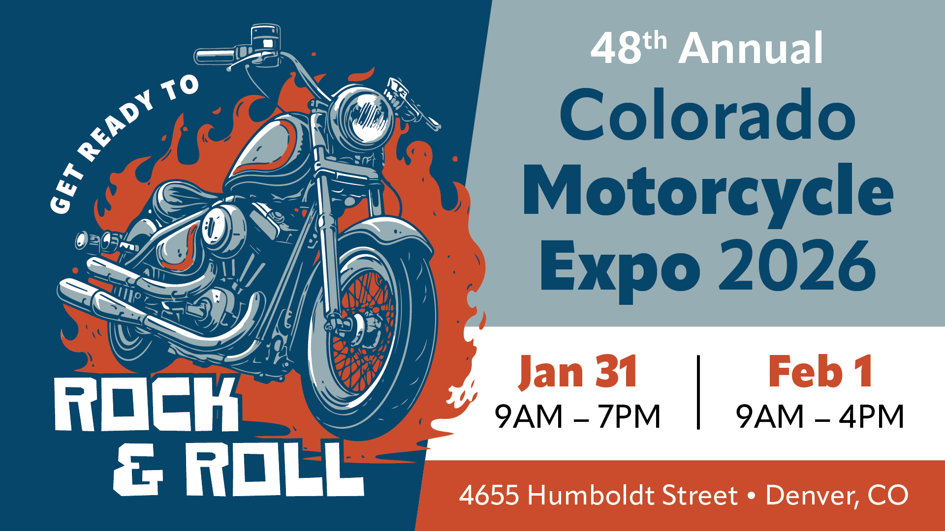 "Illustration of a motorcycle with flames, text announcing the 48th Annual Colorado Motorcycle Expo 2026, Jan 31–Feb 1, Denver, CO."