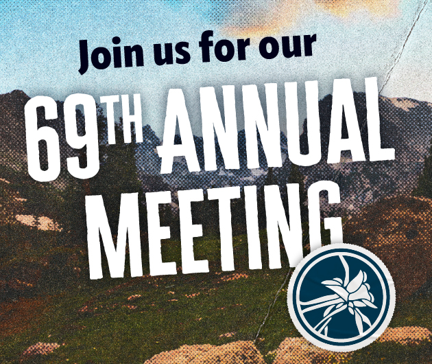 Text reading "Join us for our 69th Annual Meeting" is overlaid on a scenic mountain backdrop. A circular logo with a stylized flower is at the bottom right.