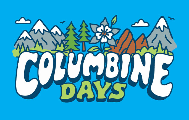 Columbine Days text with a columbine flower, mountains, and pine trees